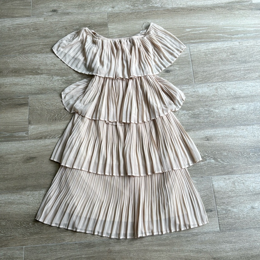 Just Me - Off Shoulder Cream Pleated Dress - Size Small